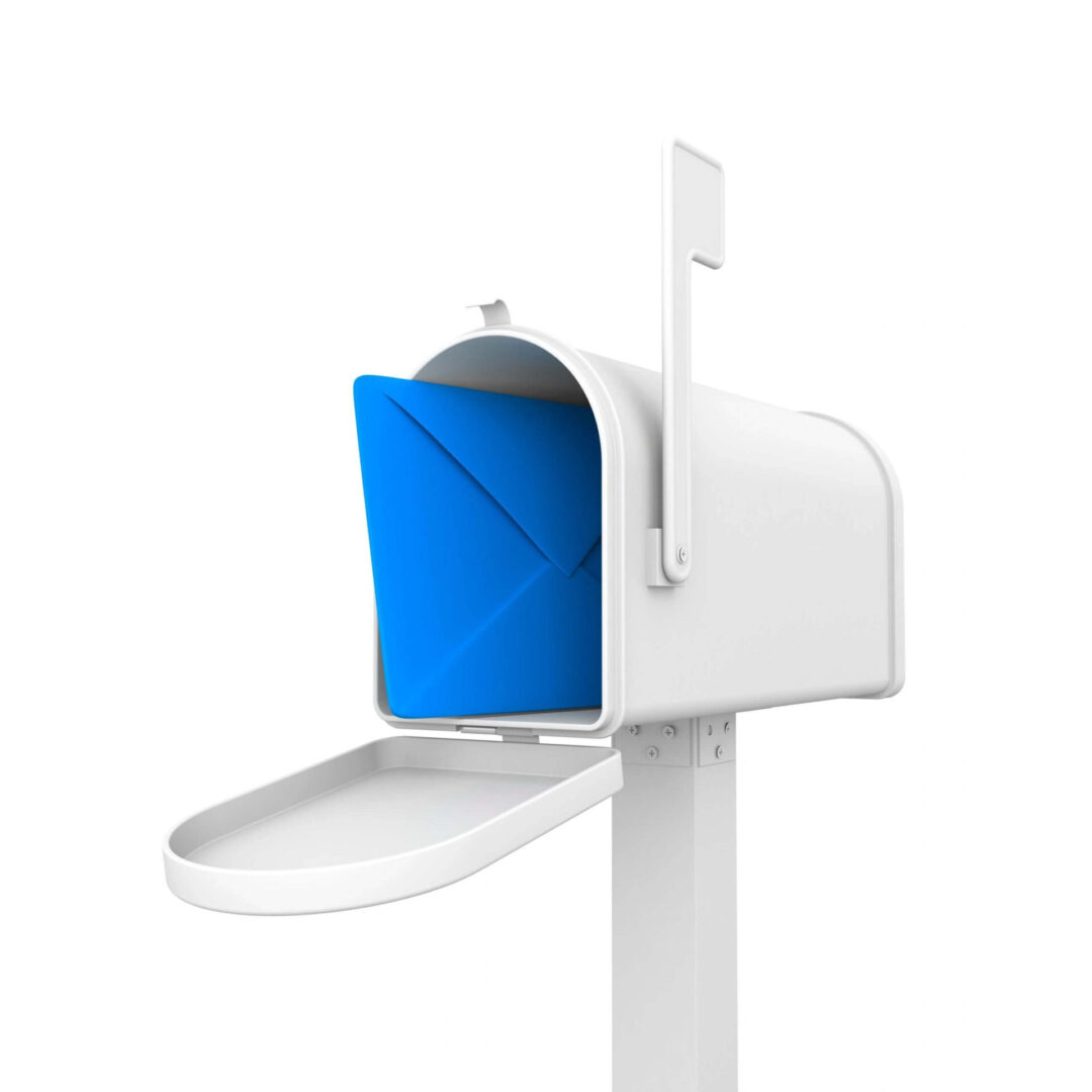 A white mailbox with an open blue envelope.